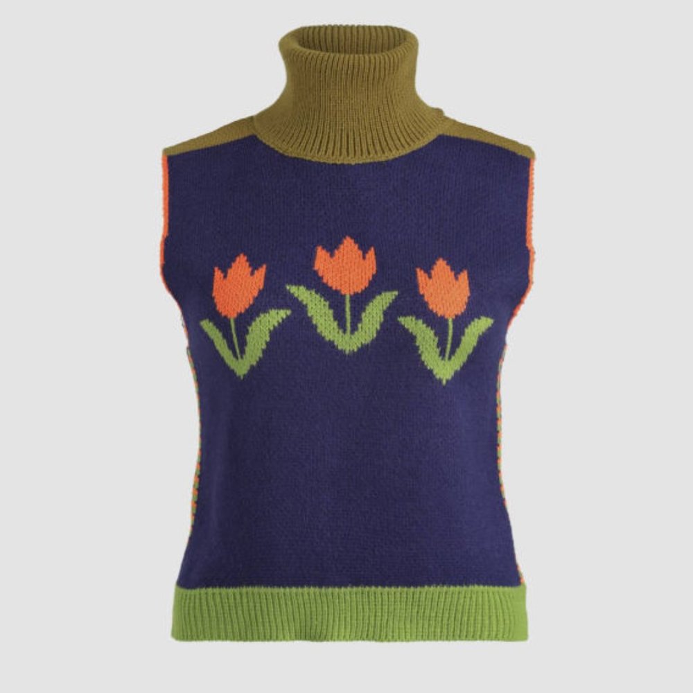 NWT Cider Turtleneck Floral Print Knit Vest Retro Style Size Small